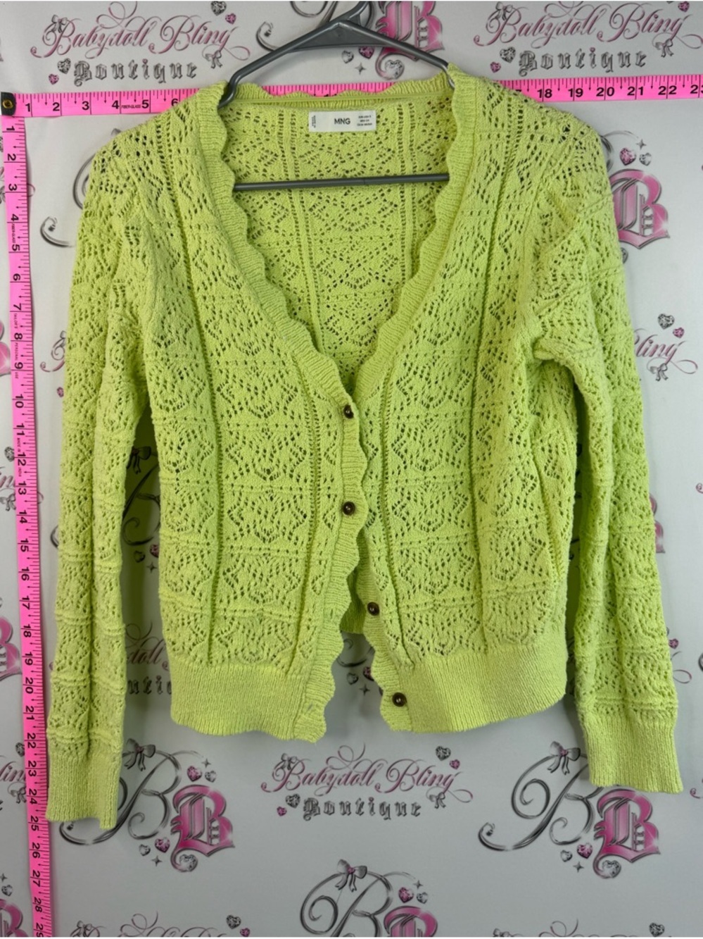 MNG cardigan knit button up Lime Green Lace-Knit Scallop-Edge Cardigan